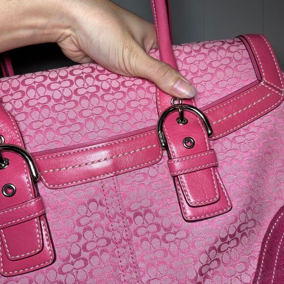 Y2K Coach 7080 Hot Pink SoHo Flap Suede Jacquard Signature C Shoulder Bag Purse - Picture 7 of 8